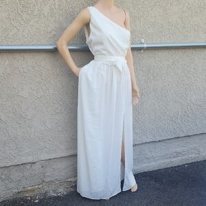 Joyfunear One Shoulder Tie Front Split Thigh White Dress XL